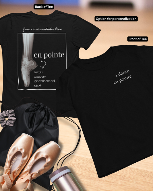 “I Dance en Pointe” X-Ray Ballet T-Shirt – Unisex Heavy Cotton Tee Featuring Pointe Shoe Foot Graphic with Optional Name or Studio Personalization on the back