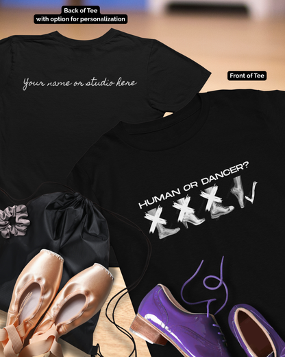 “Human or Dancer” Youth Short Sleeve Tee with Cute X-Ray Ballet Feet Graphic – Personalized Dance T-Shirt for Kids & Teens, Custom Name or Studio Option