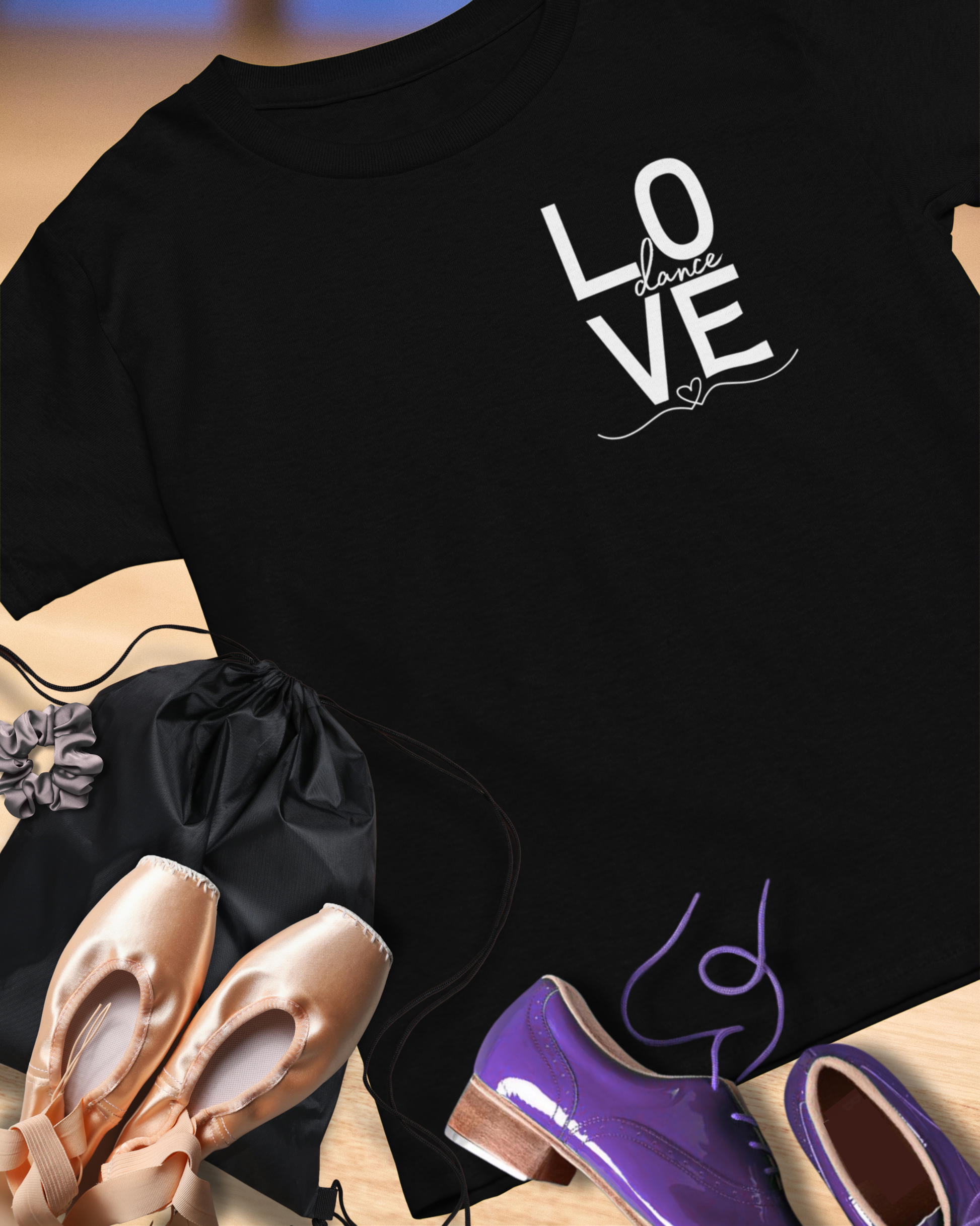 Love Dance t-shirt with a hand drawn heart graphic beneath it