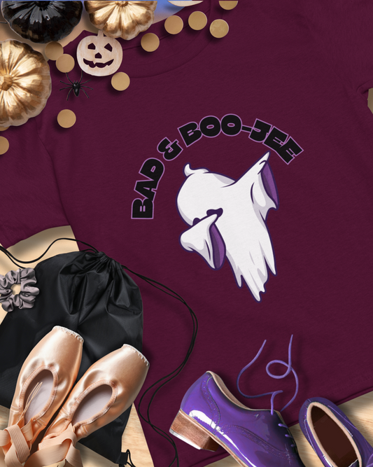 “Bad & Boo-jee” Funny Halloween Dance T-Shirt with Cute Ghost Dab Graphic - Unisex Heavy Cotton Tee