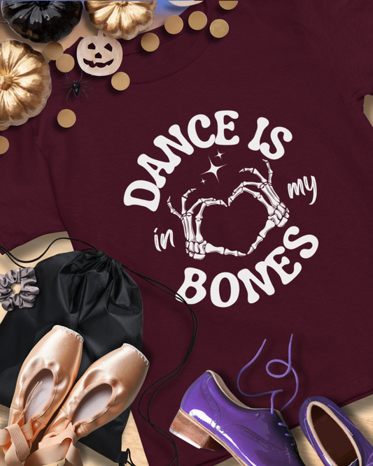 “Dance Is in My Bones” Halloween Dance T-Shirt with Cute Skeleton Heart Graphic - Unisex Heavy Cotton Tee