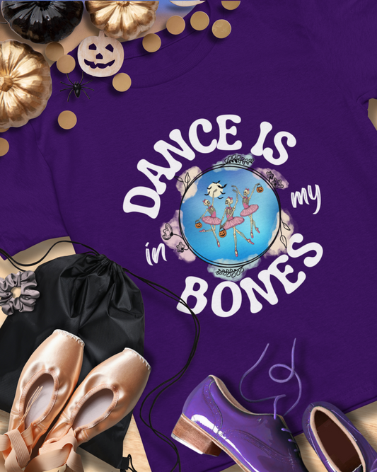 “Dance Is in My Bones” Halloween Dance T-Shirt with Dancing Skeletons Graphic - Unisex Heavy Cotton Tee