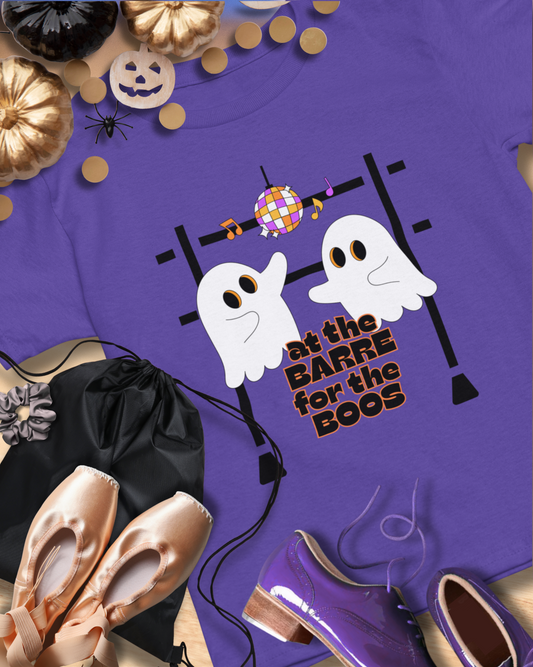 “At the Barre for the Boos” Dance Halloween T-Shirt with Cute Ghost Ballet Graphics - Unisex Heavy Cotton Tee
