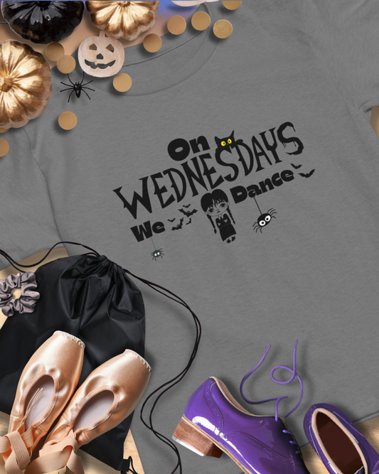 “On Wednesdays We Dance” Gothic Halloween T-Shirt with Cute Girl, Black Cat, Spiders & Bats - Unisex Heavy Cotton Tee